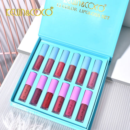 Set 12 Lip Gloss Kevin&amp;Coco, nuante de rosu si rose, cutie dreptunghiulara,