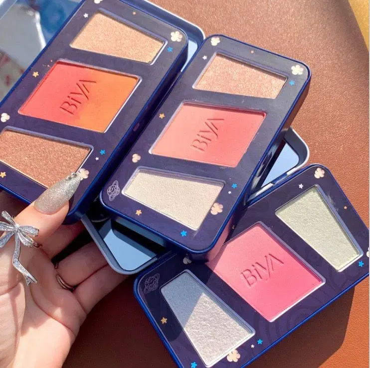 3 in 1 Colors Facial Blush Gradual Powder Blusher Shimmer Highlighter Three-dimensional