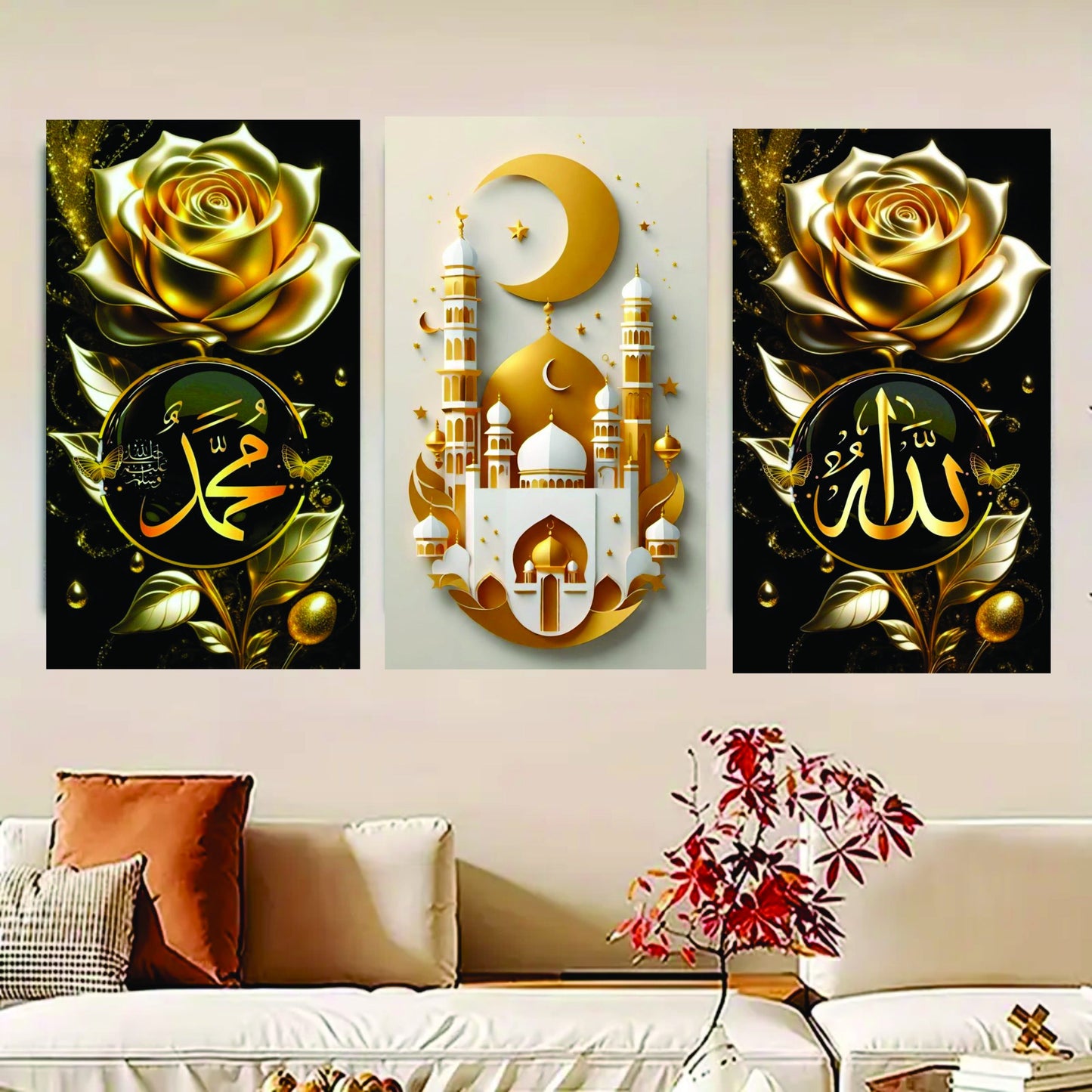 set of 3 Flower Islamic art wooden frames for wall decoration /