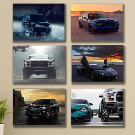 set of 6 sports car themed wooden canvas frames / super cars