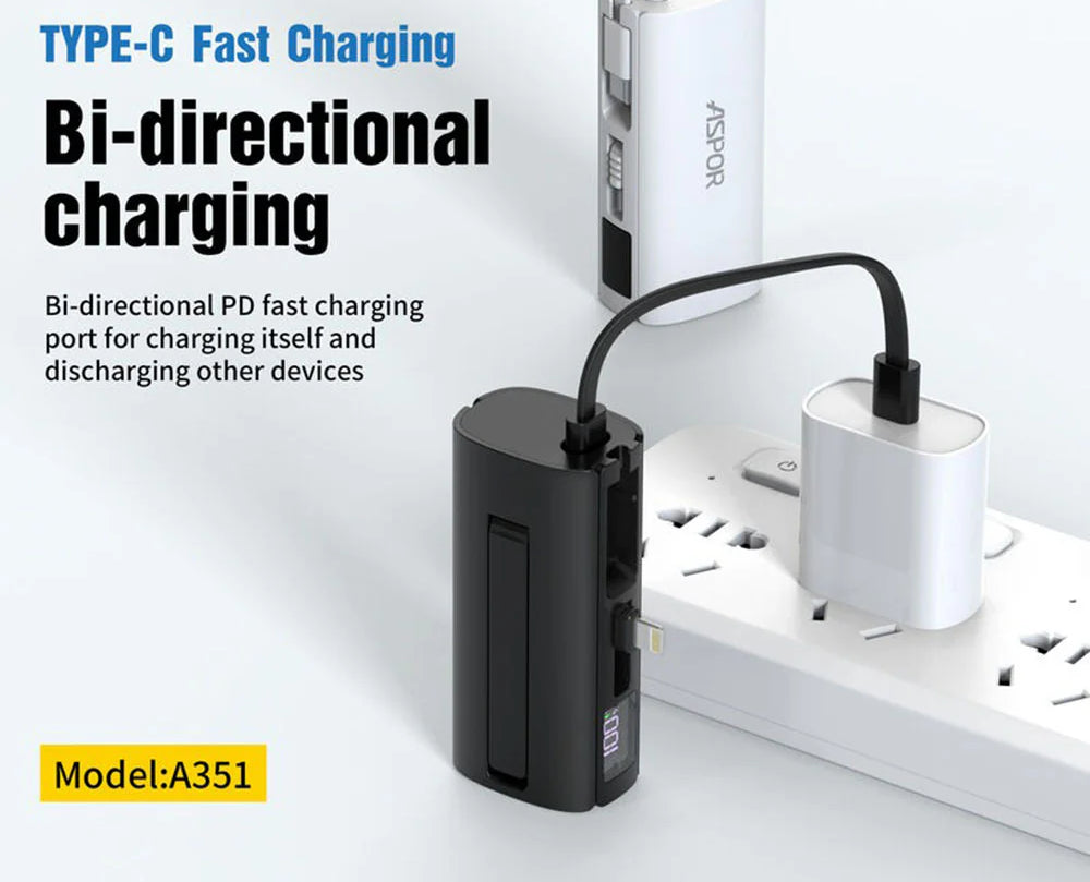 Aspor A351 2in1 Iphone &amp; Type-C Flexible Portable Mini 5000mah Power Bank