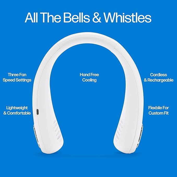 Wearable 3-Speed Neck Cooler, Small Fan for Outdoor &amp; Indoor Use, USB-Rechargeable