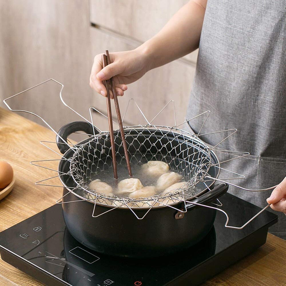 STAINLESS STEEL MULTI-FUNCTIONAL FOLDABLE COOKING Chef Basket Deluxe Kitchen Colander, MESH STEAM