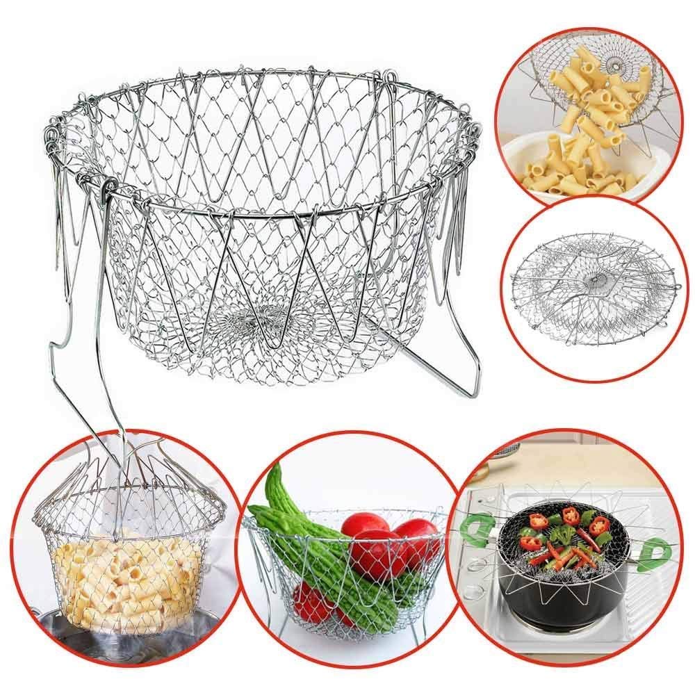 STAINLESS STEEL MULTI-FUNCTIONAL FOLDABLE COOKING Chef Basket Deluxe Kitchen Colander, MESH STEAM