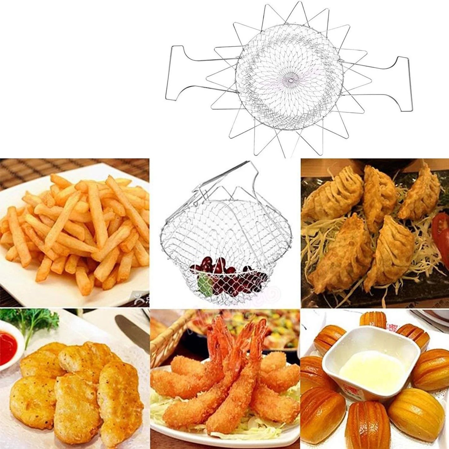 STAINLESS STEEL MULTI-FUNCTIONAL FOLDABLE COOKING Chef Basket Deluxe Kitchen Colander, MESH STEAM