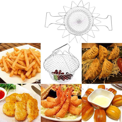 STAINLESS STEEL MULTI-FUNCTIONAL FOLDABLE COOKING Chef Basket Deluxe Kitchen Colander, MESH STEAM