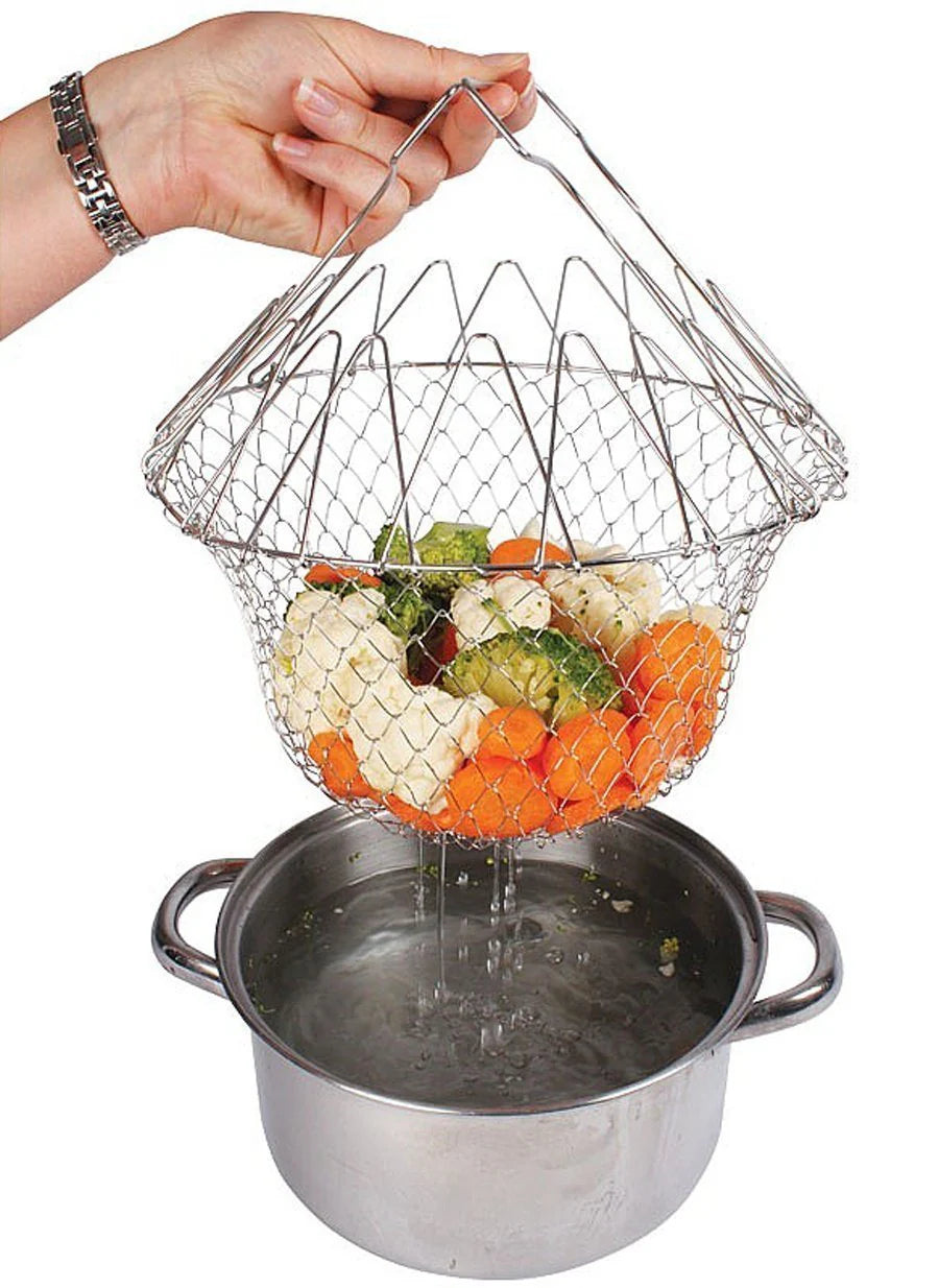 STAINLESS STEEL MULTI-FUNCTIONAL FOLDABLE COOKING Chef Basket Deluxe Kitchen Colander, MESH STEAM