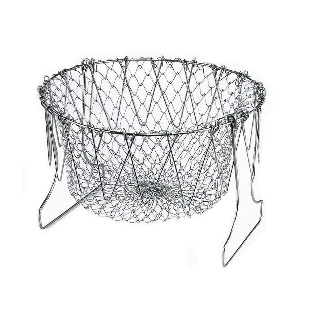 STAINLESS STEEL MULTI-FUNCTIONAL FOLDABLE COOKING Chef Basket Deluxe Kitchen Colander, MESH STEAM