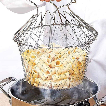 STAINLESS STEEL MULTI-FUNCTIONAL FOLDABLE COOKING Chef Basket Deluxe Kitchen Colander, MESH STEAM