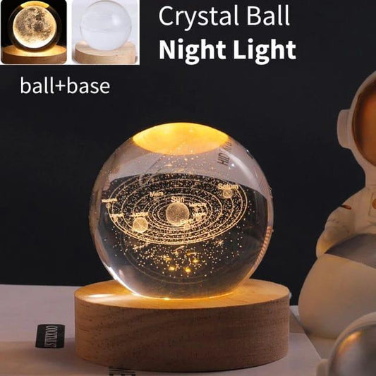 3D Galaxy Solar System Crystal Ball Night Light with Wooden Base for
