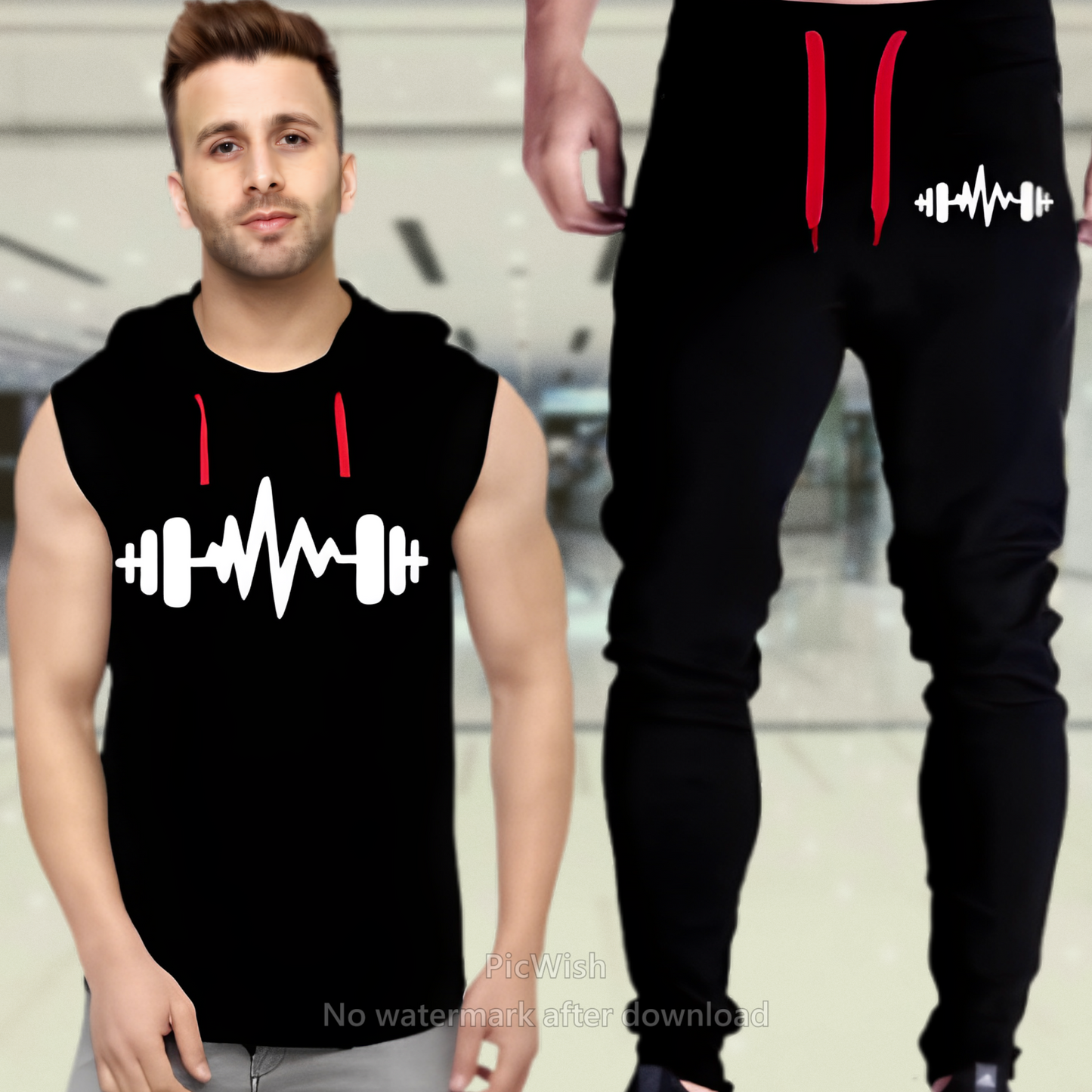 Black Vinyl Dumble Printed Gym Summer Hooded Sleeveless Tracksuit for Mens (Hooded