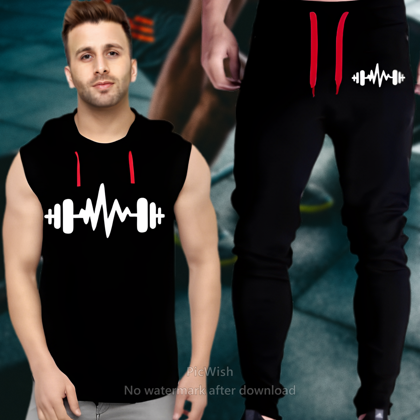 Black Vinyl Dumble Printed Gym Summer Hooded Sleeveless Tracksuit for Mens (Hooded