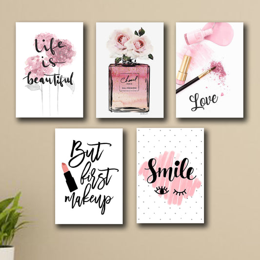 set of 5 make up themed girls room decore wall art wooden