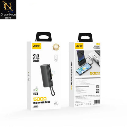 Aspor A351 2in1 Iphone &amp; Type-C Flexible Portable Mini 5000mah Power Bank