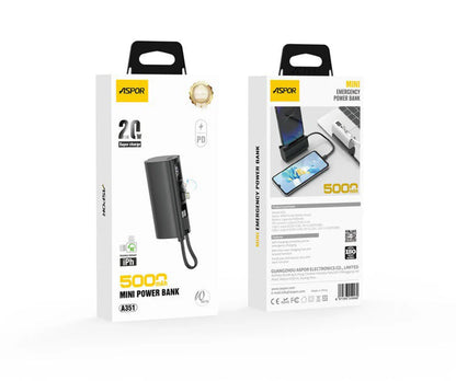 Aspor A351 2in1 Iphone &amp; Type-C Flexible Portable Mini 5000mah Power Bank
