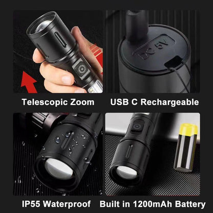 Ruilang Portable Rechargeable Powerful LED Flashlight, Aluminum Alloy Zoom Flashlight
