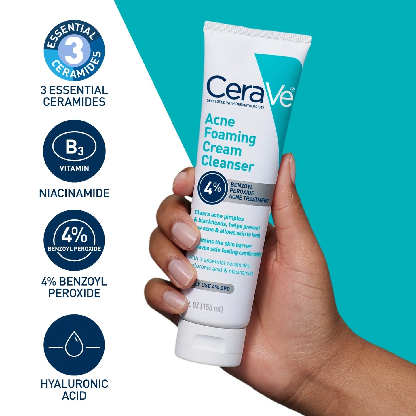 CeraVe Acne Foaming Cream Cleanser 4% Benzoyl Peroxide Treatment 120ml