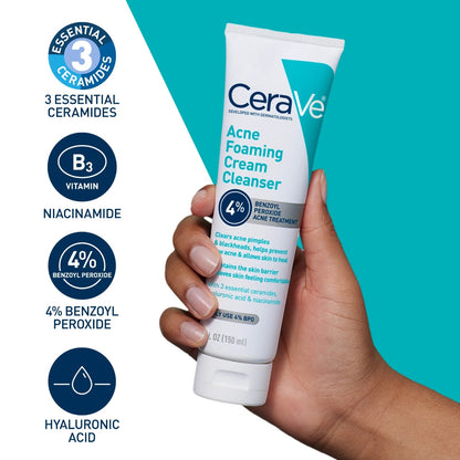 CeraVe Acne Foaming Cream Cleanser 4% Benzoyl Peroxide Treatment 120ml