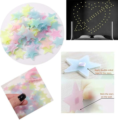 Pack of 100 3D Glowing Stars for Ceiling and Wall Decoration