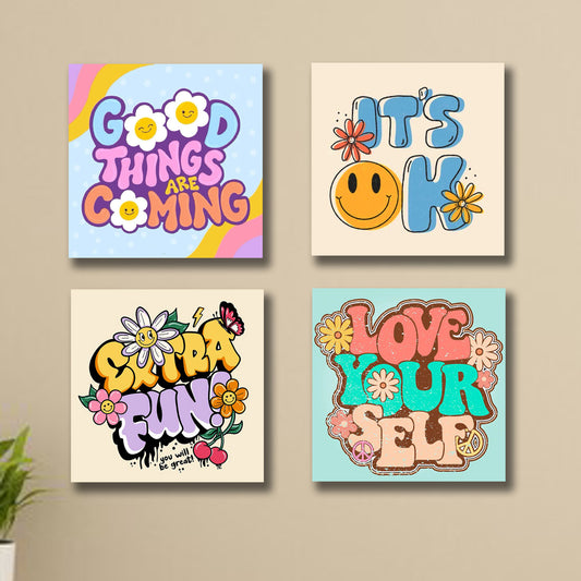 Pack of 4 Colourful Motivational Words Pictures Wooden Frames 8 by 8