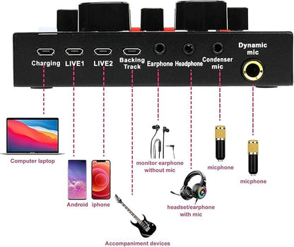 Podcast Mic Set With Live Sound Card,condenser Microphone With Rechargeable 12 Kinds