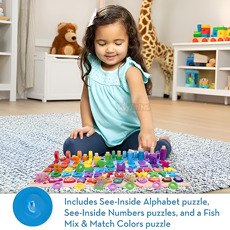 Wooden Puzzle Sorting Learning Board Toys | ABC, Numbers, Shapes, Abacus, Fish