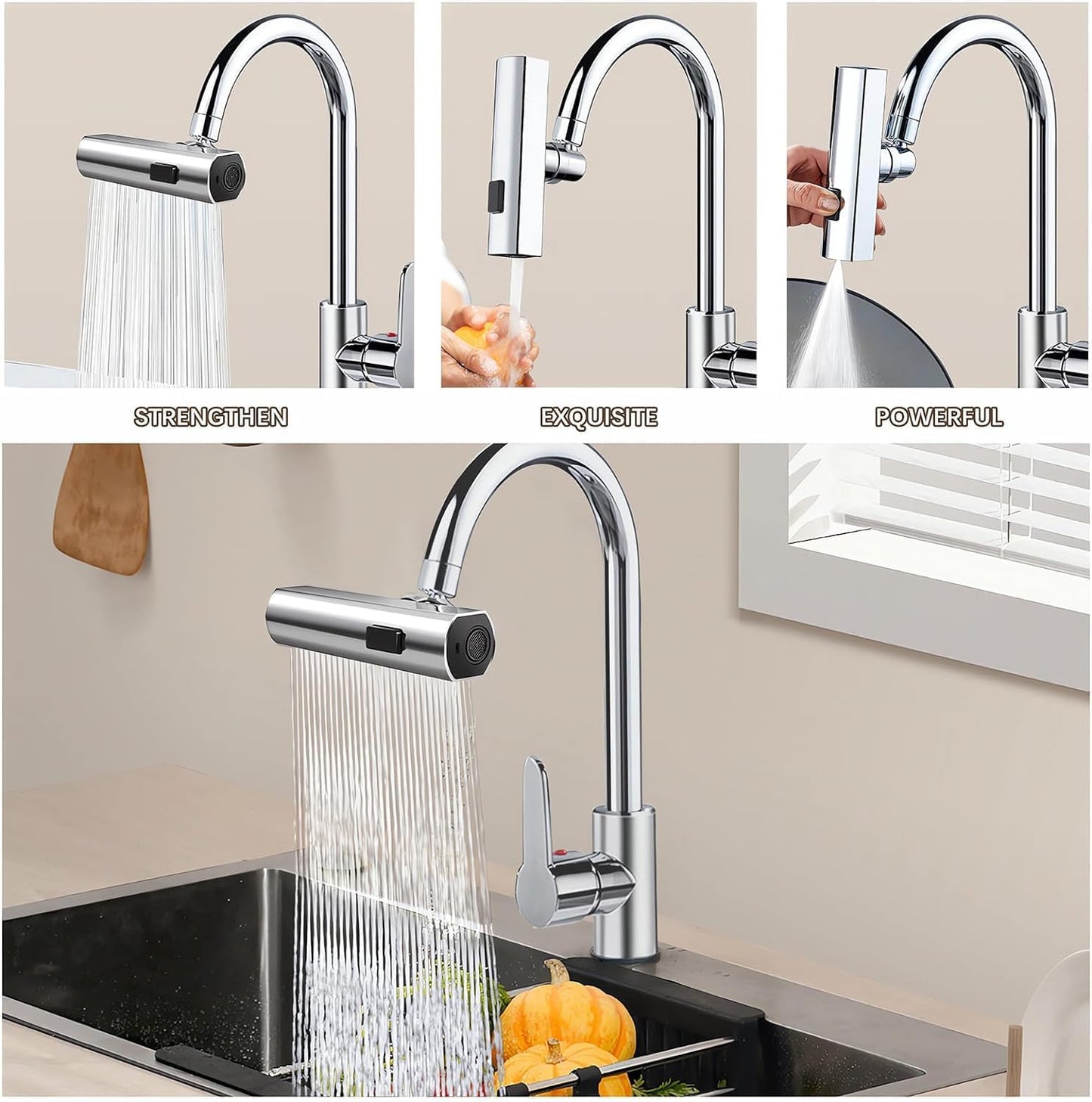 Multifunctional Kitchen Sink Waterfall Faucet Pressurized Shower Bubbler Splash-proof 4 Modes Spout