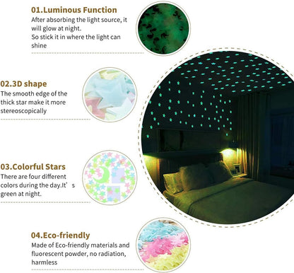 Pack of 100 3D Glowing Stars for Ceiling and Wall Decoration