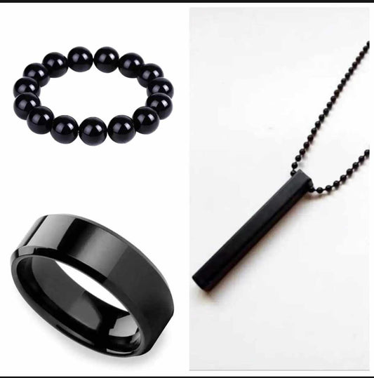 Pack Of 3 Vertical Bar Boy's Pendant, Ring And Bracelet Set, color