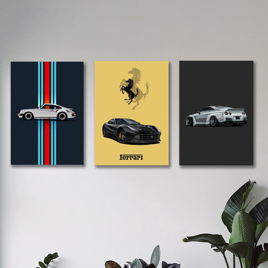 set of 3 sports cars wooden canvas frames for wall decore /