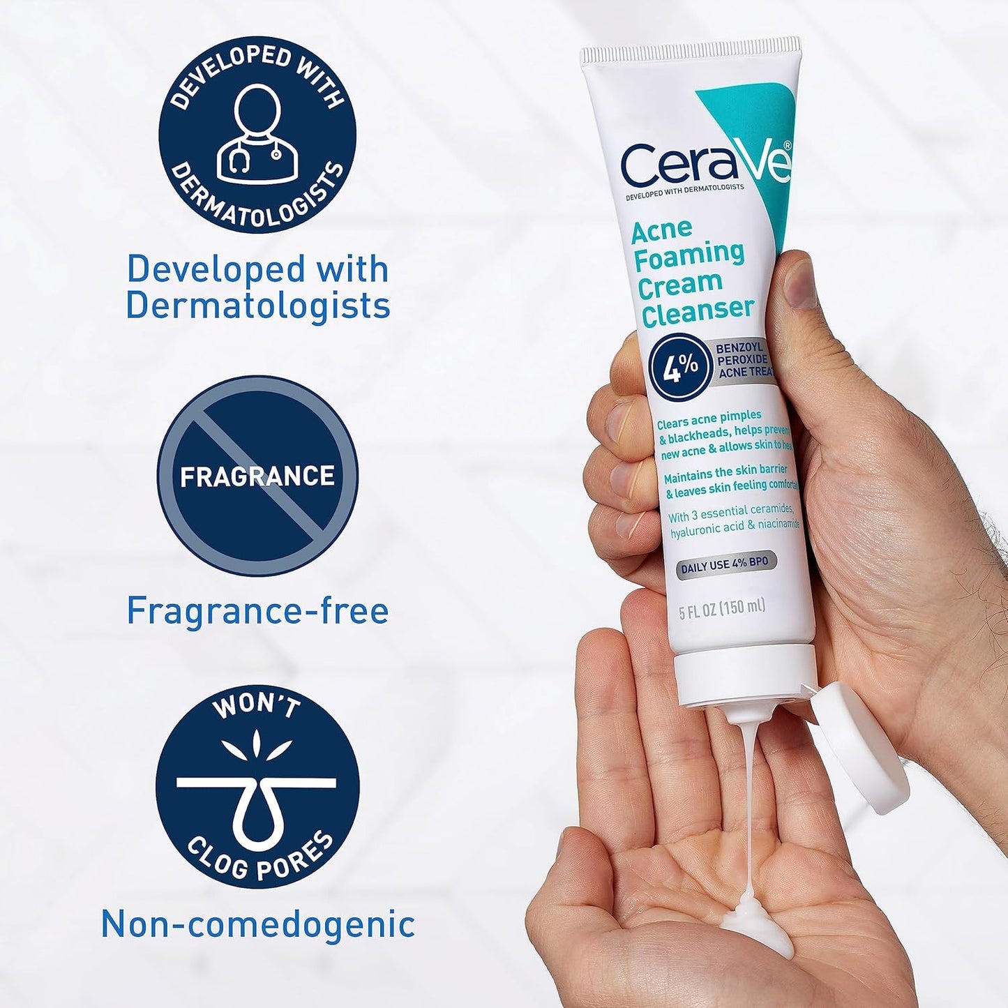 CeraVe Acne Foaming Cream Cleanser 4% Benzoyl Peroxide Treatment 120ml