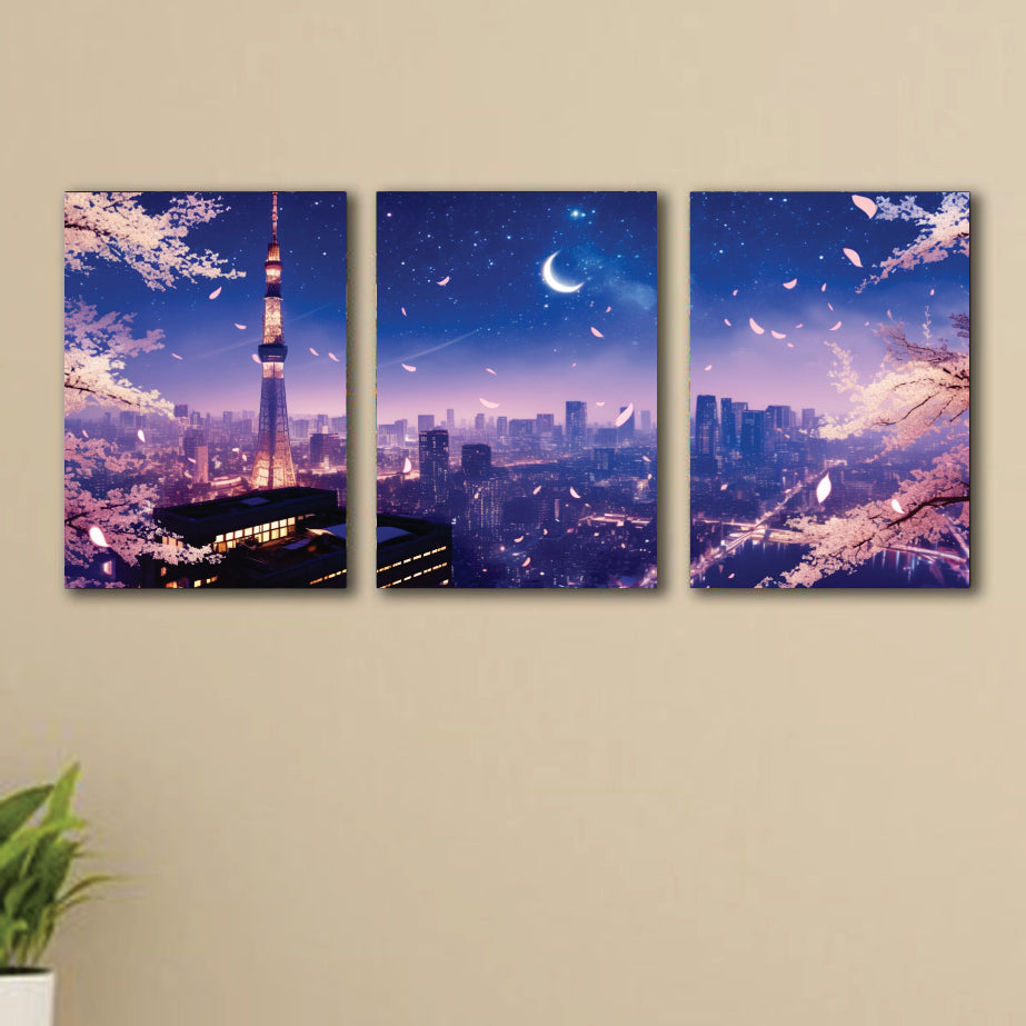 3pcs Blue City sticky phototile wall frames Wooden Material for home
