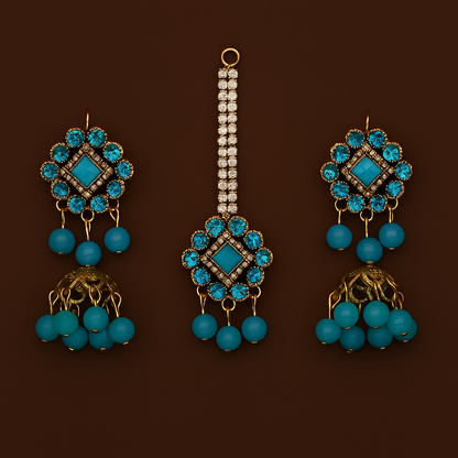Artificial Jhumkay &amp; Bindya Set with Blue Stones Ethnic Jewelry for