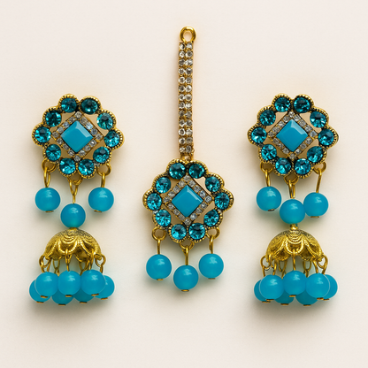 Artificial Jhumkay &amp; Bindya Set with Blue Stones Ethnic Jewelry for