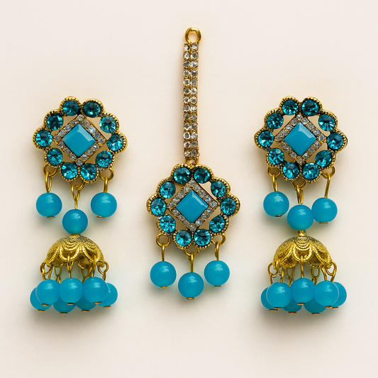 Artificial Jhumkay &amp; Bindya Set with Blue Stones Ethnic Jewelry for