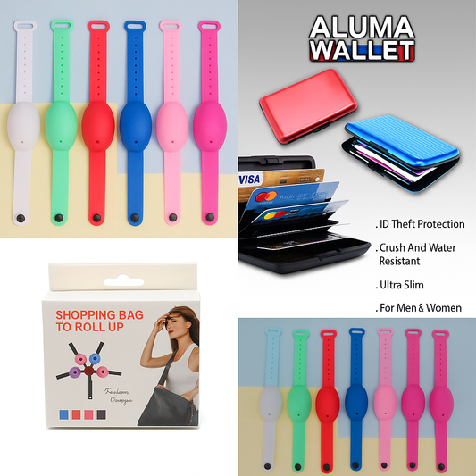 Pack of 3 Combo Alluma Wallet, Sanitizer Watch &amp; Reusable Shopping