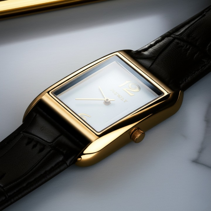 ILEWAY Luxury Rectangle Dial Waterproof Watch Gold-Tone Case, Black Leather Strap,