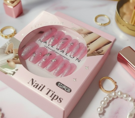 Luxury Pink Nail Tips Set 12 PCS False Nails with Glitter