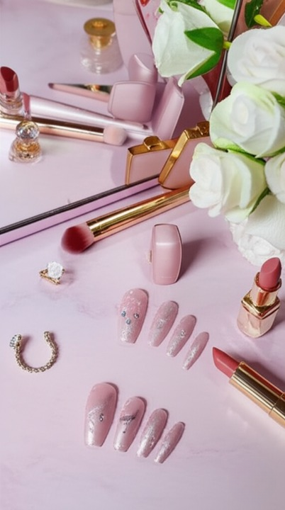 Luxury Pink Nail Tips Set 12 PCS False Nails with Glitter - CheckNpays