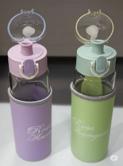 Rosa Flowery Glass Water Bottle with Protective Sleeve &amp; Flip-Top Cap (300ml)