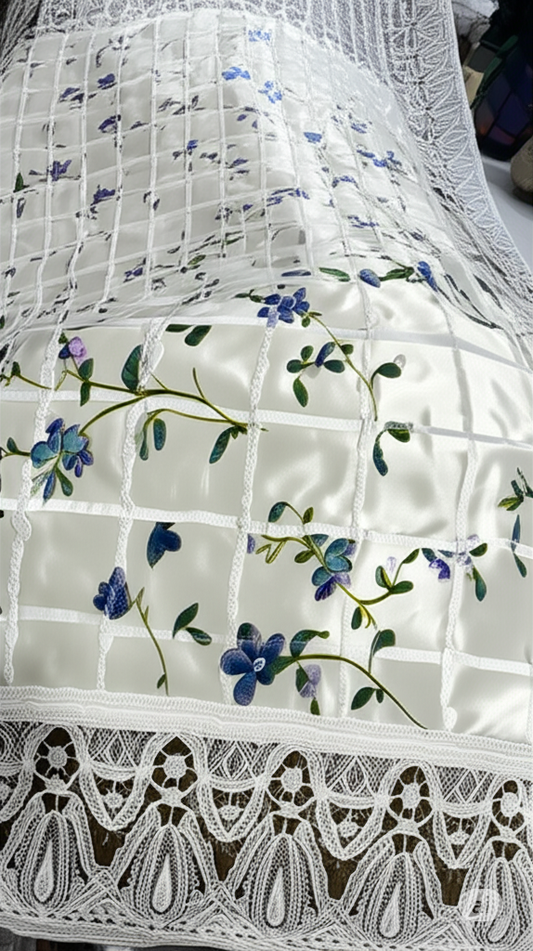 01 Meter Beautiful White Floral Dastarkhwan with Intricate Lace Border - Perfect