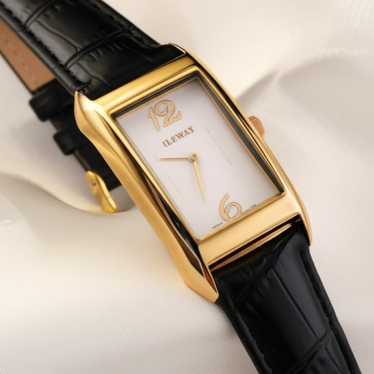 ILEWAY Luxury Rectangle Dial Waterproof Watch Gold-Tone Case, Black Leather Strap,