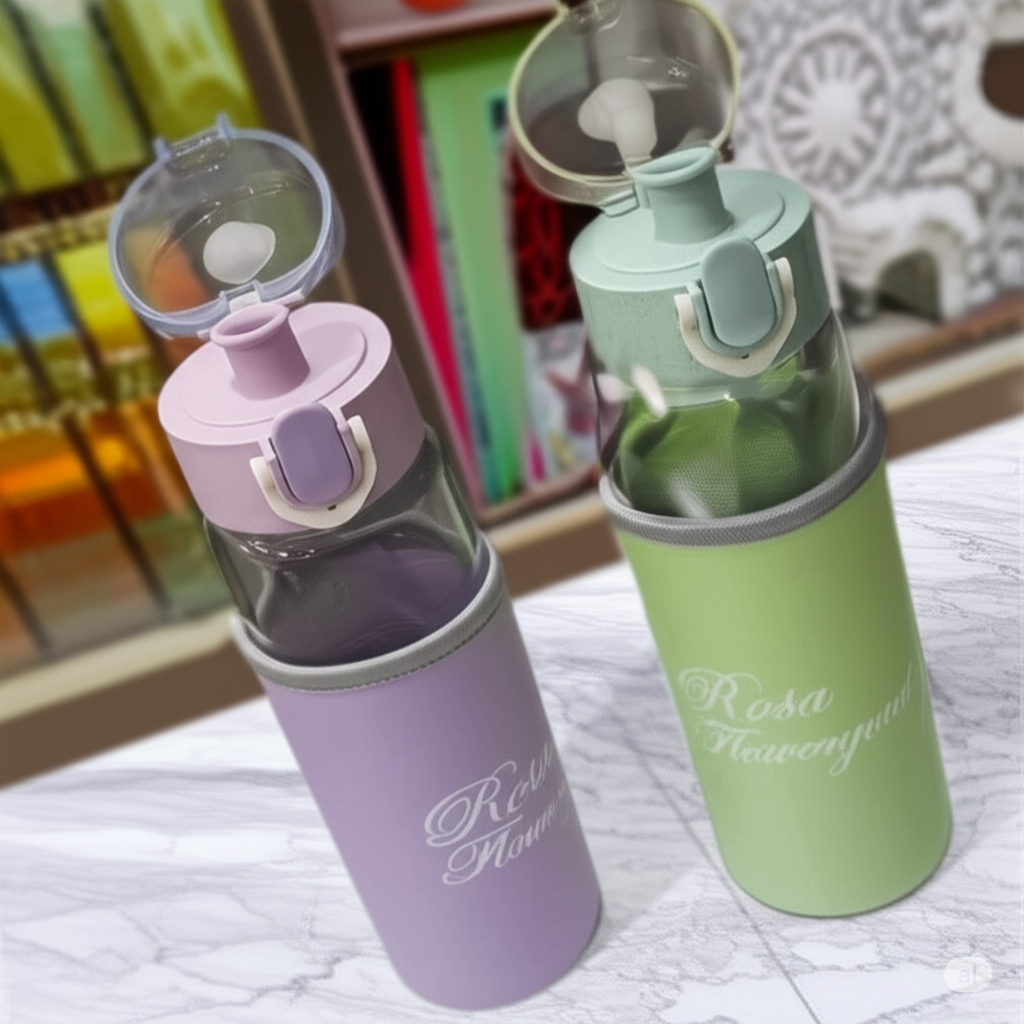 Rosa Flowery Glass Water Bottle with Protective Sleeve &amp; Flip-Top Cap (300ml)
