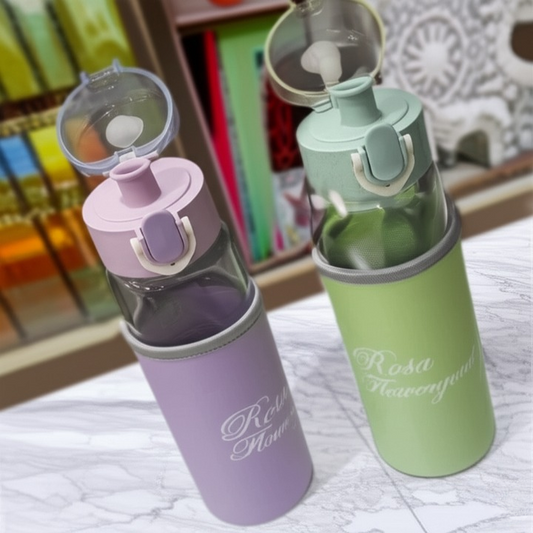 Rosa Flowery Glass Water Bottle with Protective Sleeve &amp; Flip-Top Cap (300ml)