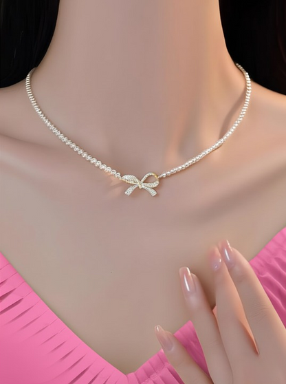 PQT-992 - Bow Shape Pearl Pendant Necklace for Women Dainty Jewelry