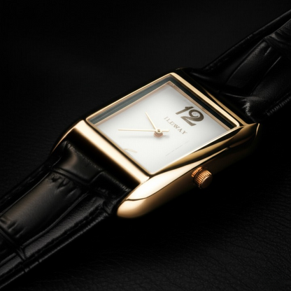 ILEWAY Luxury Rectangle Dial Waterproof Watch Gold-Tone Case, Black Leather Strap,