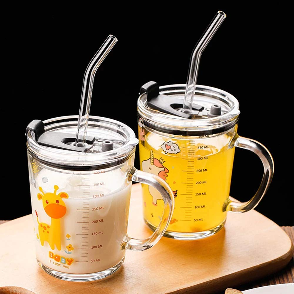 Unicorn Shape 350 ML Glass Mug with Straw and Lid Creative Cartoon