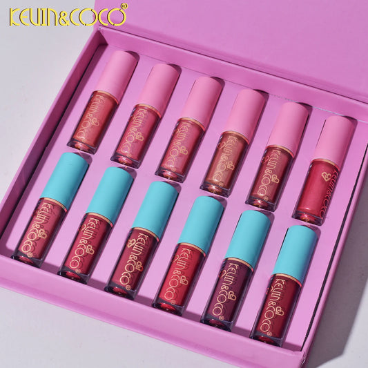 Set 12 Lip Gloss Kevin&amp;Coco, nuante de rosu si rose, cutie dreptunghiulara,
