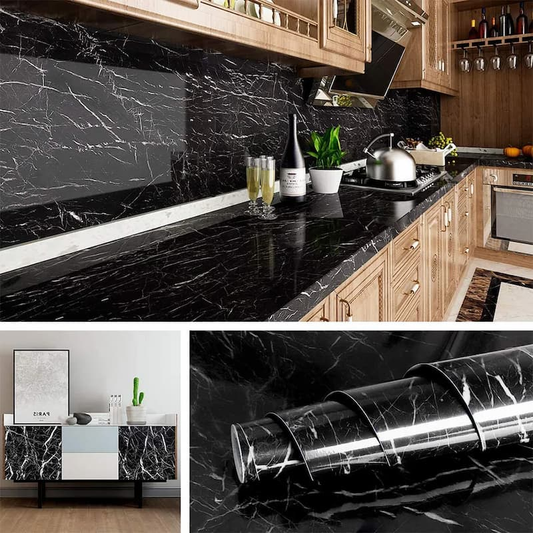 Self-Adhesive Kitchen Black Marble Sheet- Waterproof Heat Resistant Sheet for Living Room,