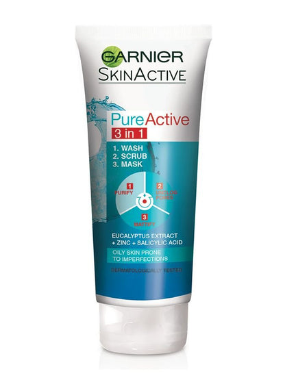 3 in 1 Garnier Skin Natural Pure Active Wash + Scrub +